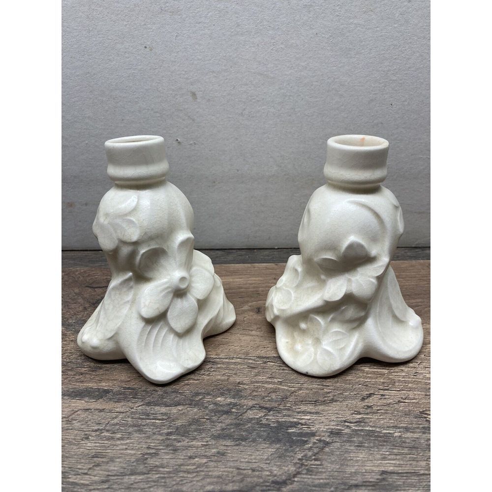 Vintage‎ Pair of White Ceramic Holland Mold Candlestick Holders 4 Inches